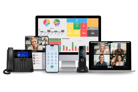 Image of multiple devices with wallboards, data and video calls