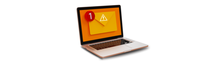 Laptop with an email alert and warning symbol, in relation to phishing