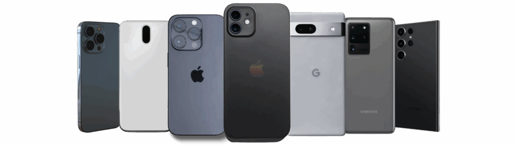 Line up of phones including apple, samsung, google and other brands