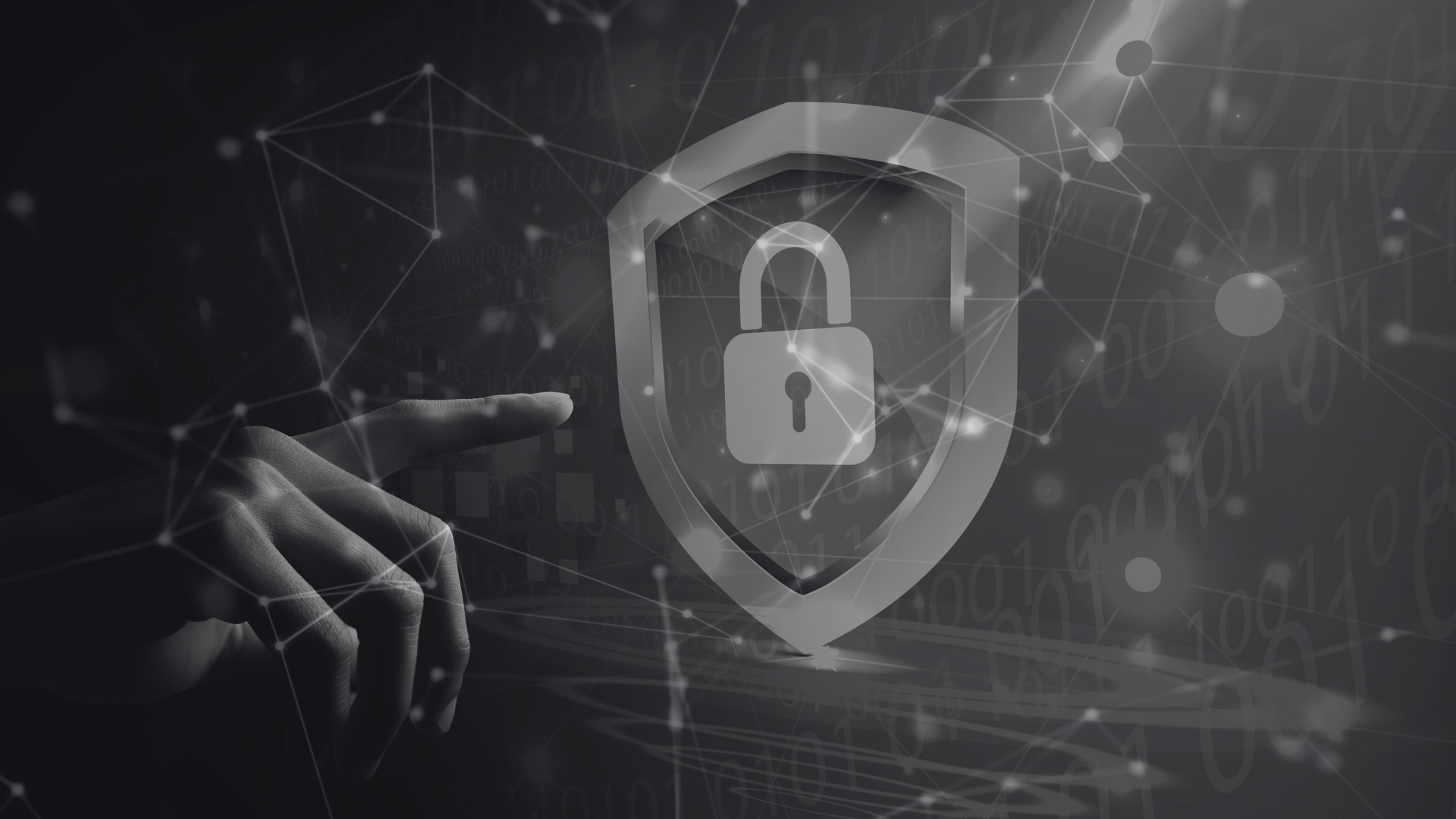 padlock in shield with someone pointing